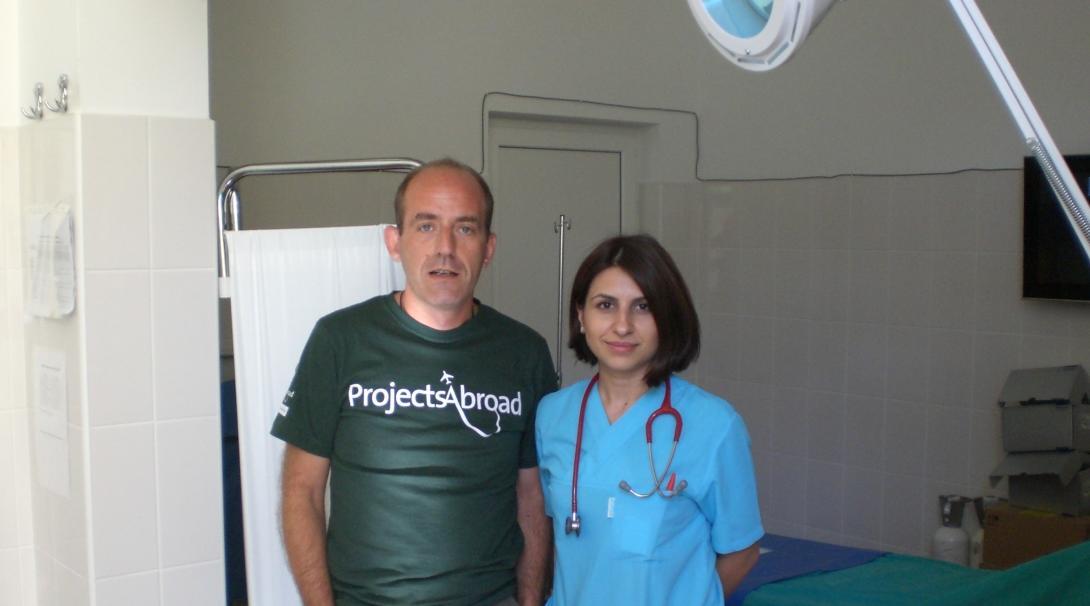 An Italian medical internship student in Romania taking a picture with local doctor after gaining valuable medical work experience with Projects Abroad. An Italian intern taking a picture with a local doctor after his medical internship in Romania gining work experience with Projects Abroad.